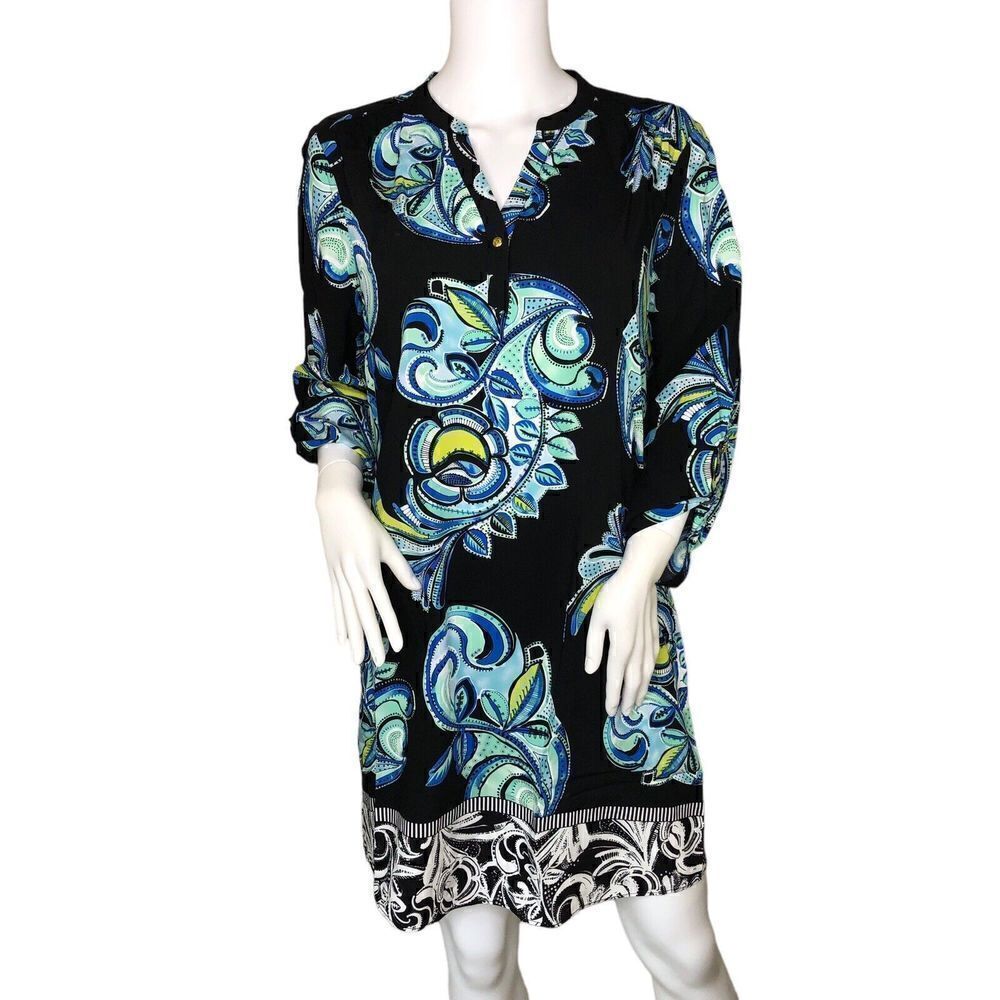 Kaari Blue Women's MIDI Dress 10 Shift Paisley Roll Tab Sleeve V Neck Rayon